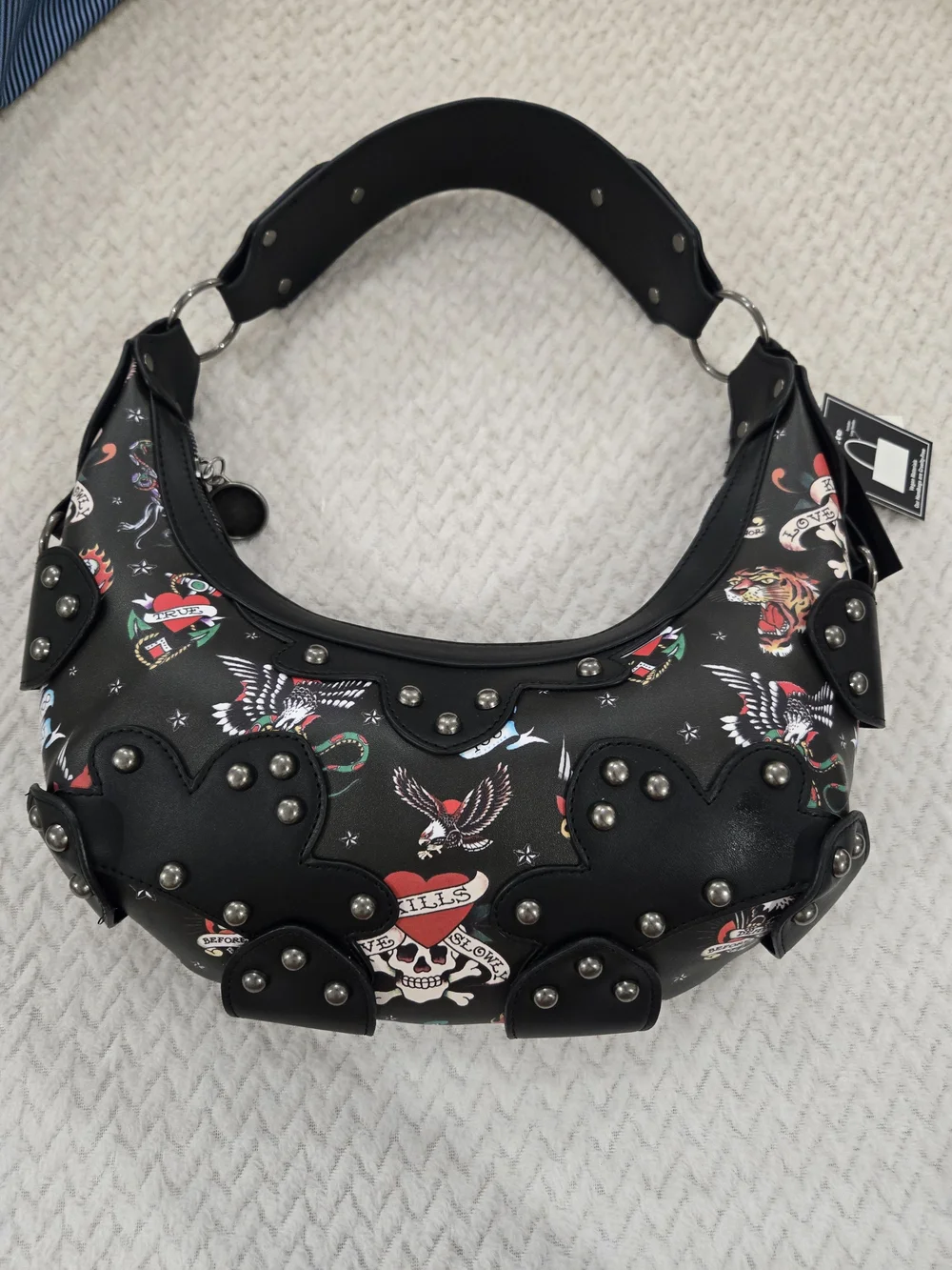 NWT Ed Hardy Black Tattoo Print Studded Hobo Shoulder Bag Vegan Leather Y2K